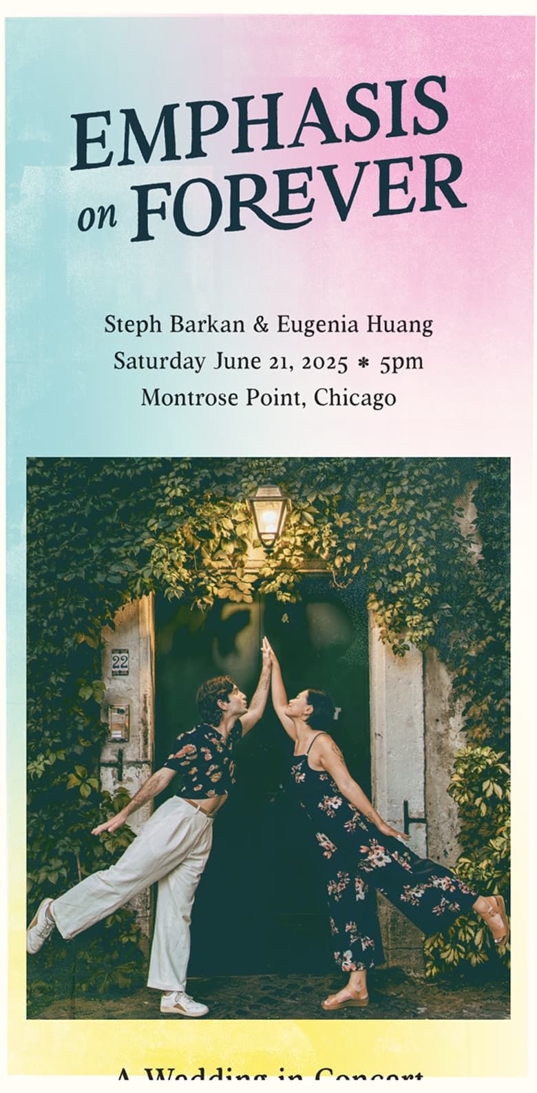 Screenshot of Emphasis on Forever website homepage. It's pink and blue and romantic.