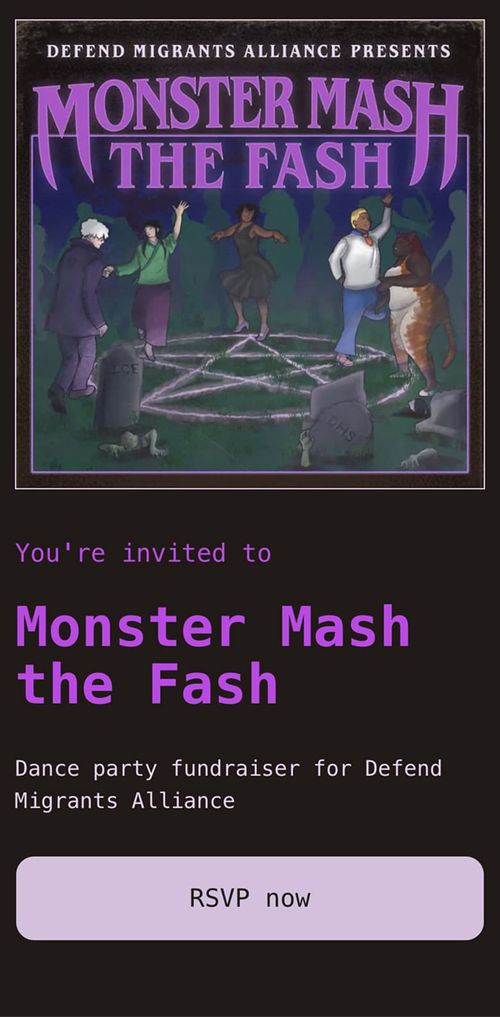 Screenshot of Monster Mash the Fash event RSVP website. It's dark purple and has a retro horror movie aesthetic.